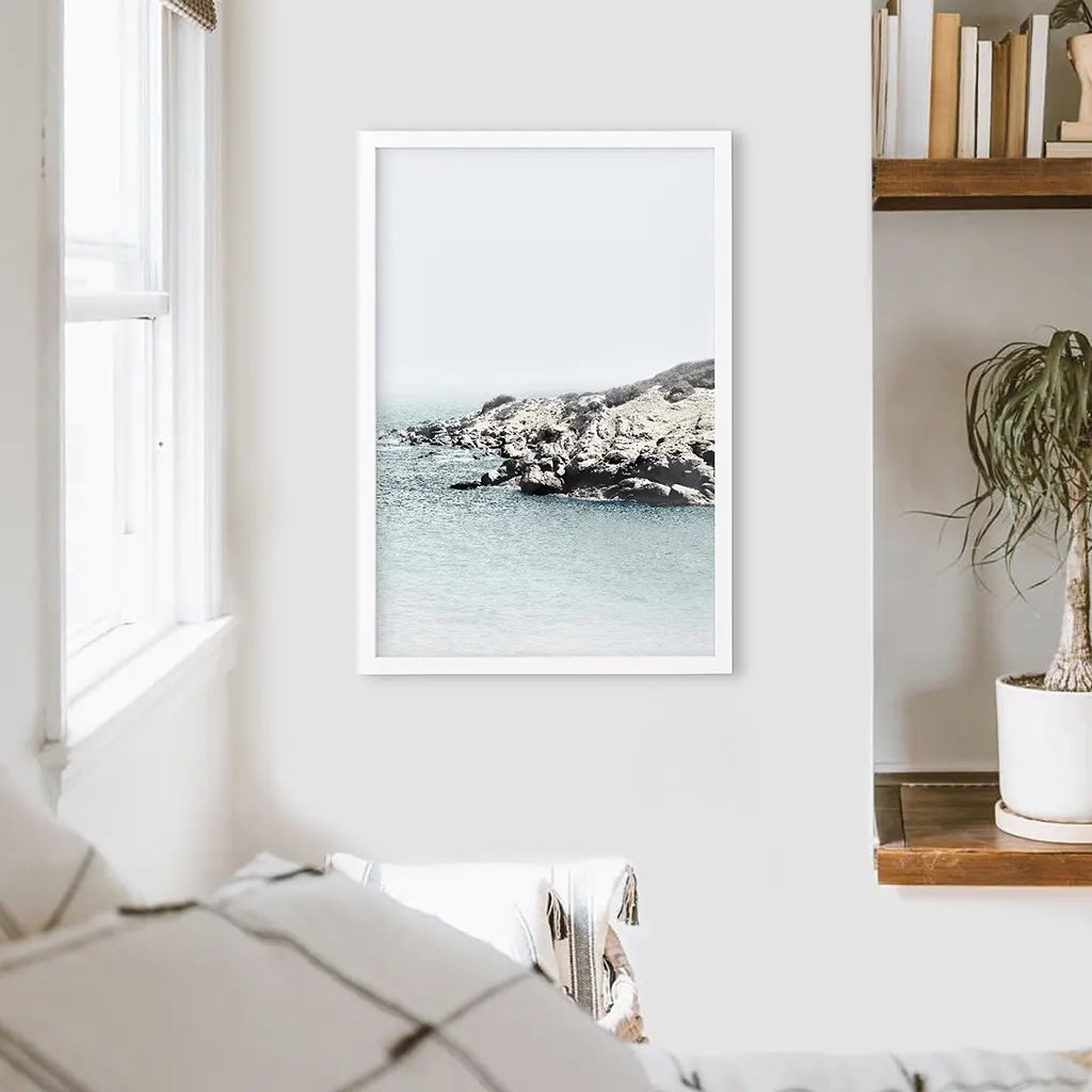 Nautical Ocean Waves and Rocks Print - Neutral Coastal Wall Art