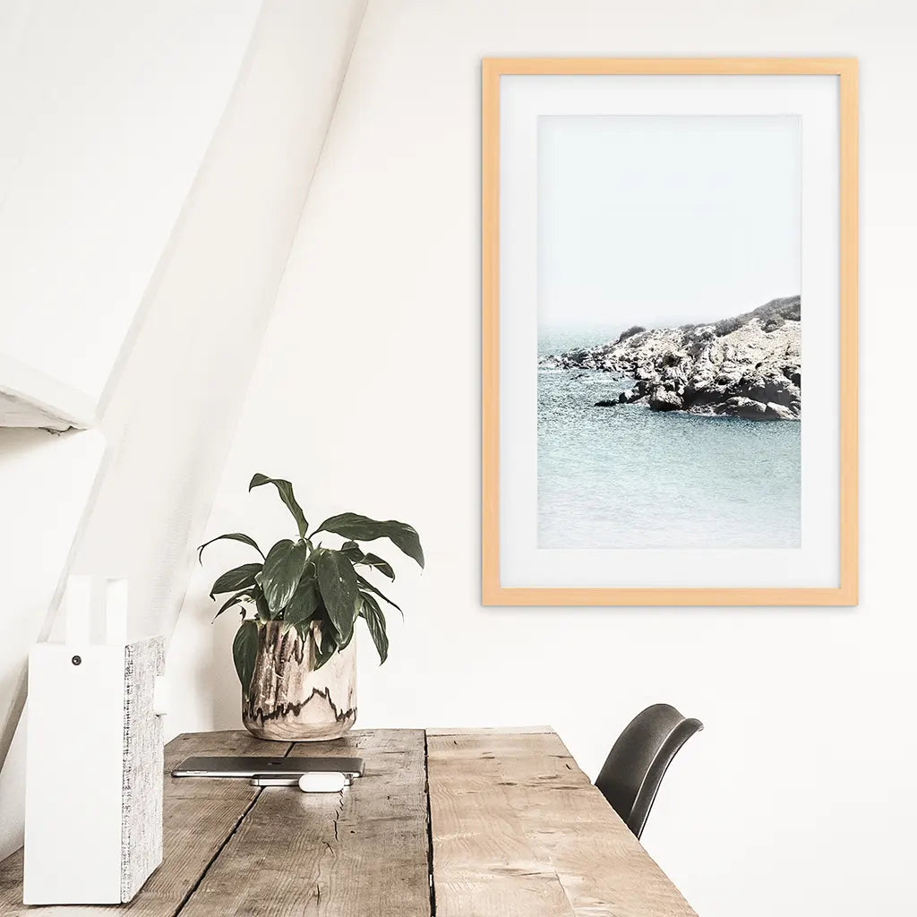 Nautical Ocean Waves and Rocks Print - Neutral Coastal Wall Art