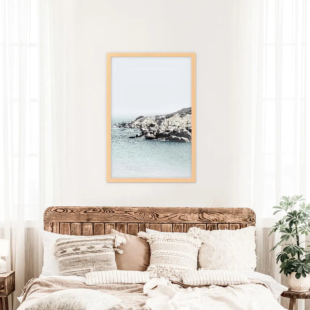 Nautical Ocean Waves and Rocks Print - Neutral Coastal Wall Art