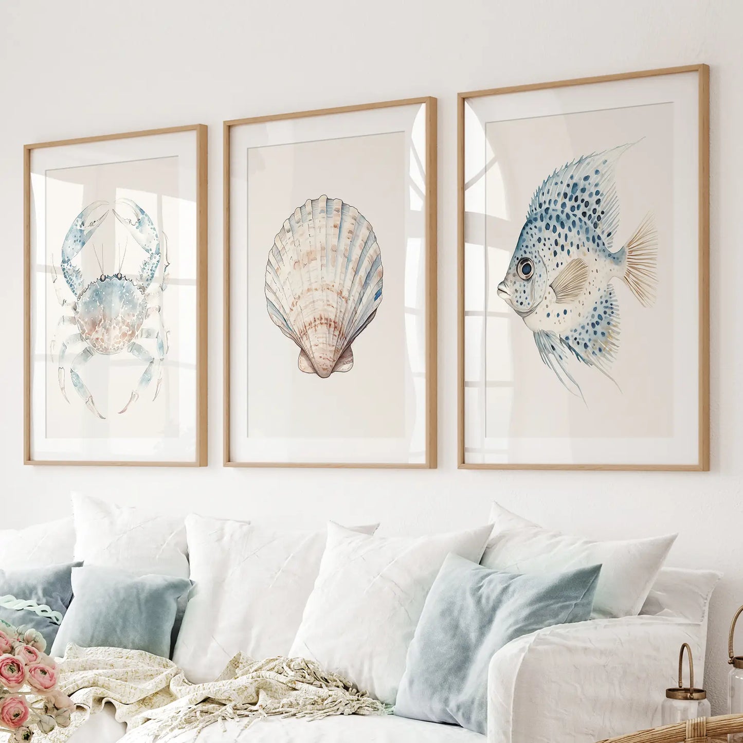 Watercolor Nautical Wall Art Set Crab Shell Fish