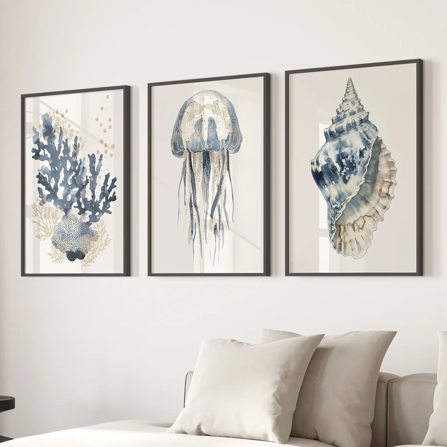 Beach House Wall Art Set Blue Coral Jellyfish Shell