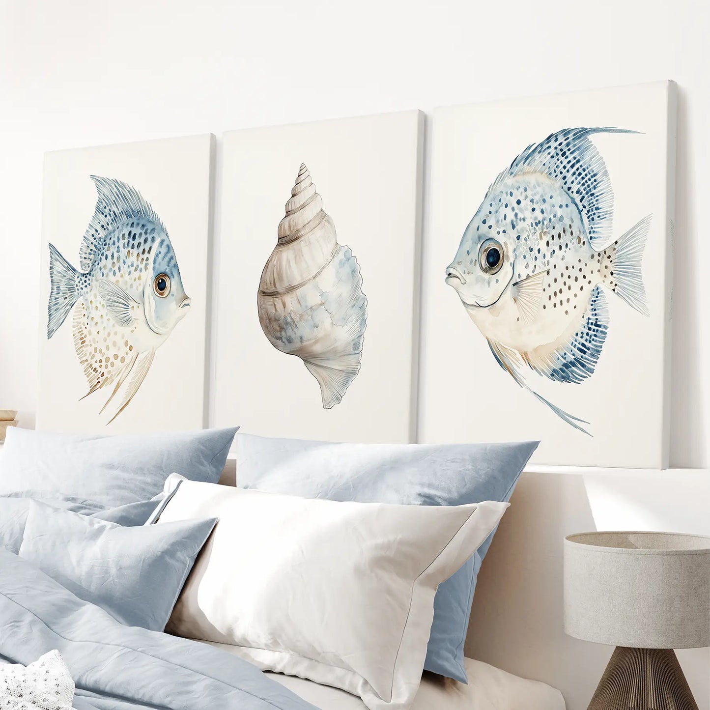 Trendy Nautical Seashell and Fish Wall Art Set of 3