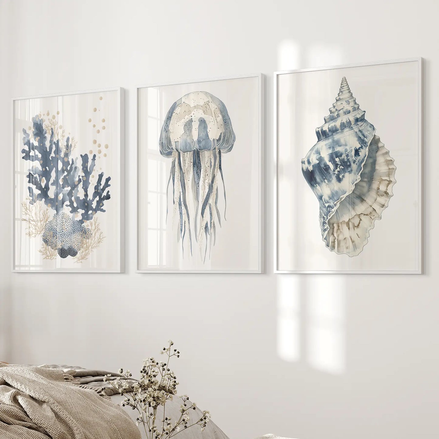 Beach House Wall Art Set Blue Coral Jellyfish Shell