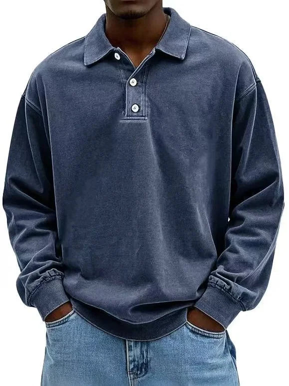 Navy Blue vintage-wash long-sleeve men’s polo sweatshirt with a faded tone