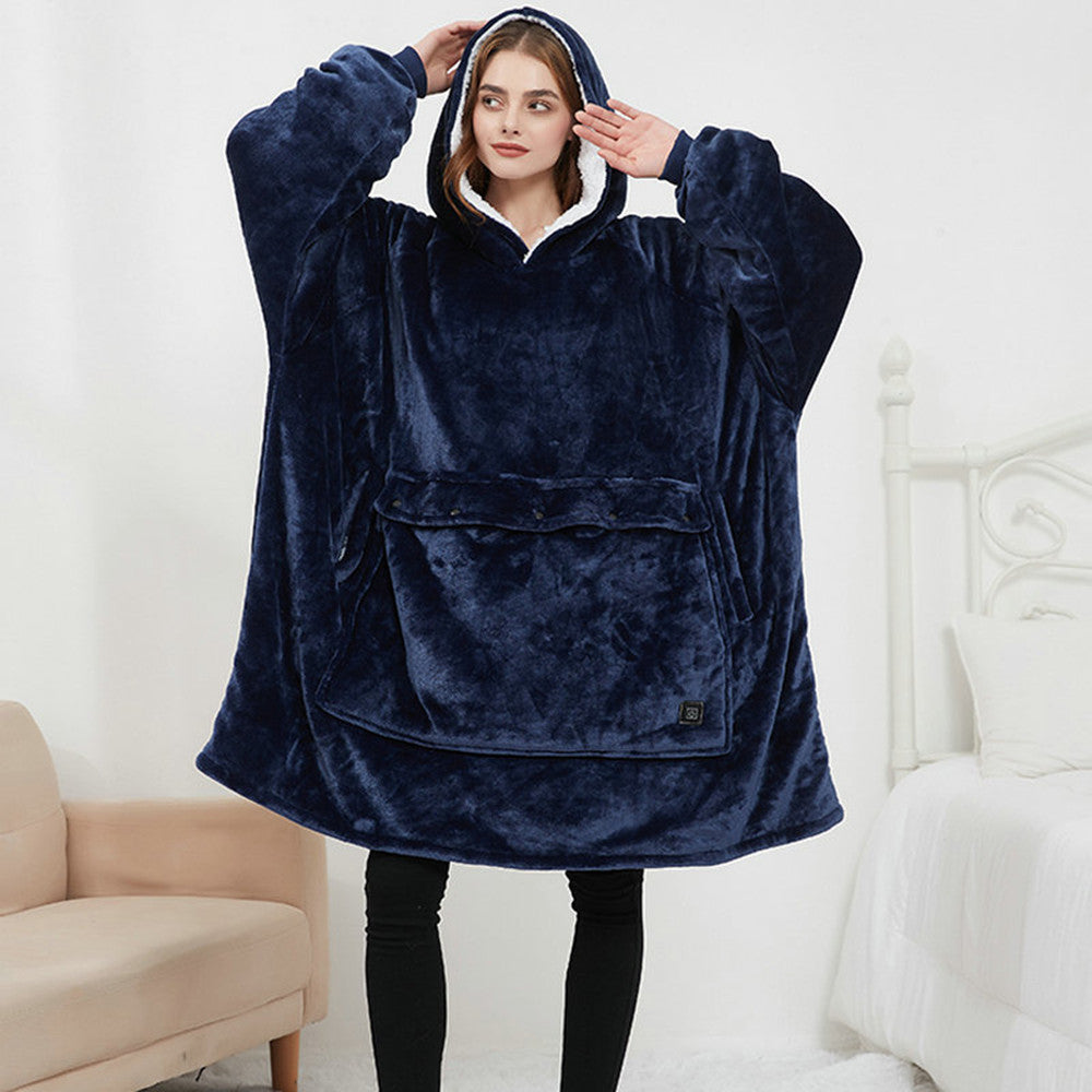 Navy sherpa heated hoodie blanket worn indoors