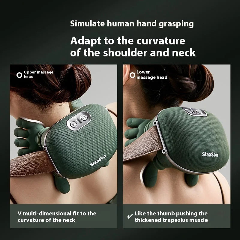 Neck massager demonstrating upper and lower massage heads adapting to the shoulder and neck curve.