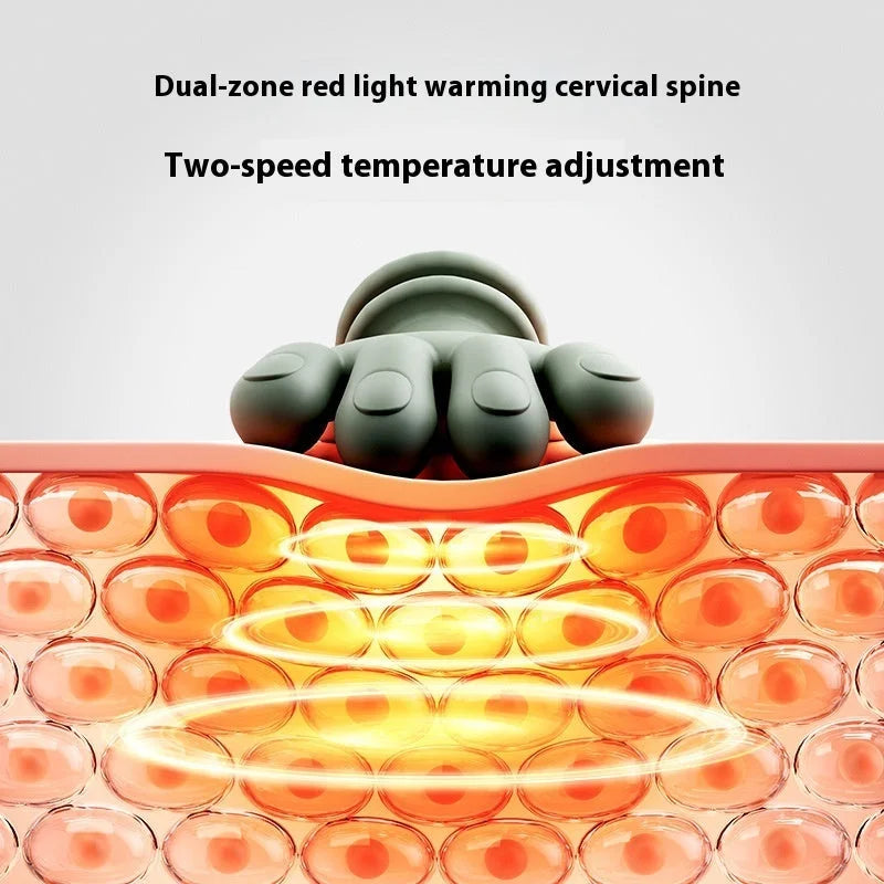 Neck massager showing dual-zone red light heating with two-speed temperature adjustment.
