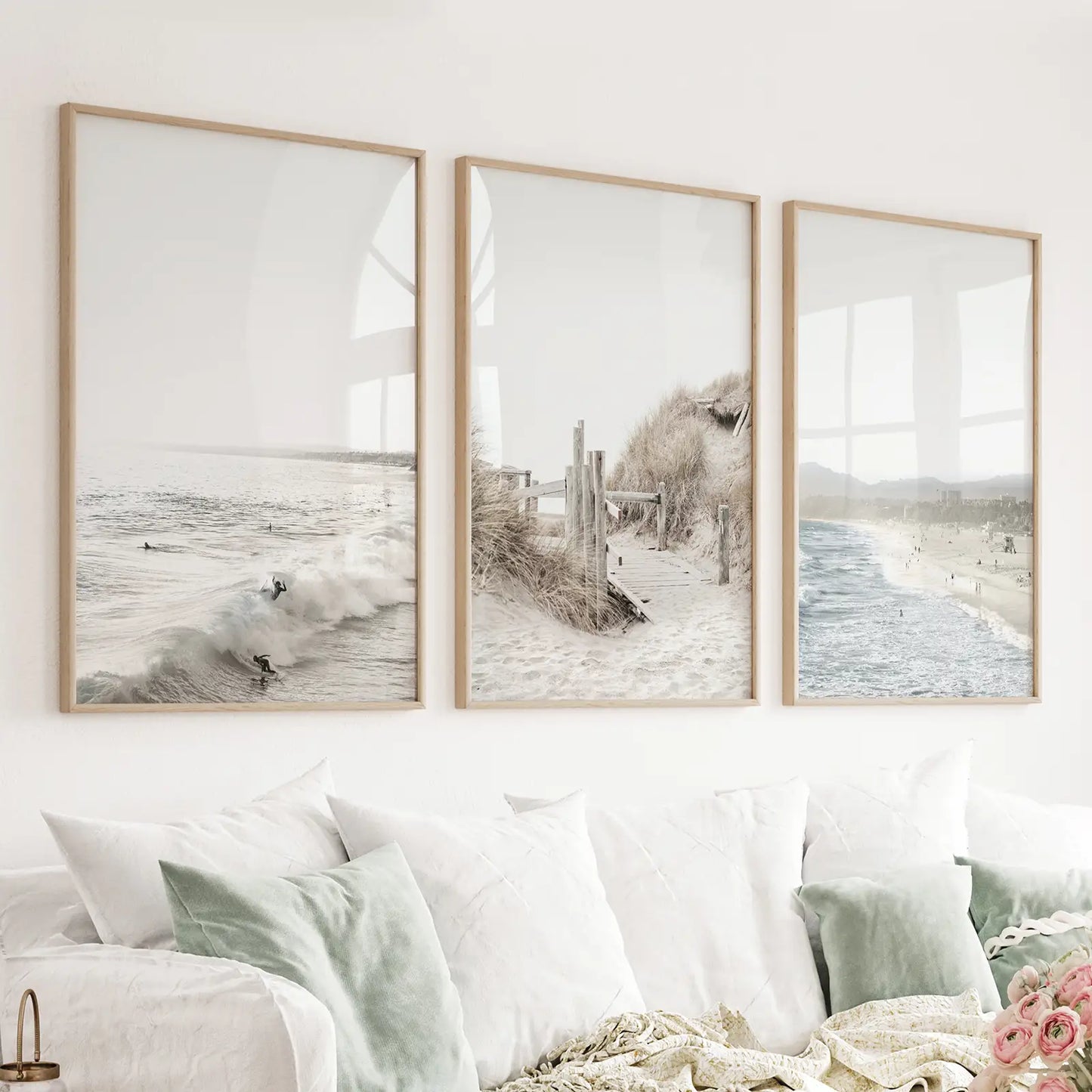 California coastal surf 3 piece wall art set with waves, surfers, and beach pathway