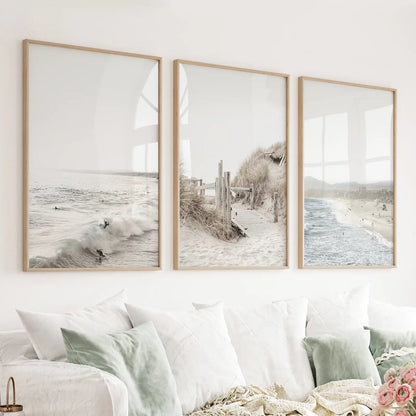 California coastal surf 3 piece wall art set with waves, surfers, and beach pathway