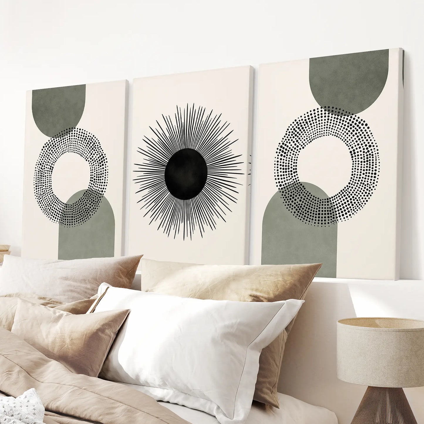 Boho Sage Green Mid Century Wall Art Set of 3