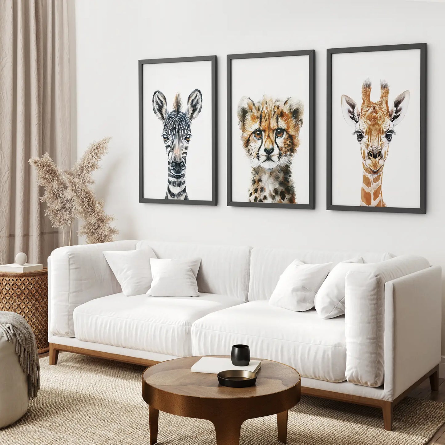 Neutral Safari Nursery Wall Art Set of 3 - Zebra, Cheetah, Giraffe