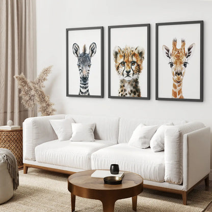 Neutral Safari Nursery Wall Art Set of 3 - Zebra, Cheetah, Giraffe