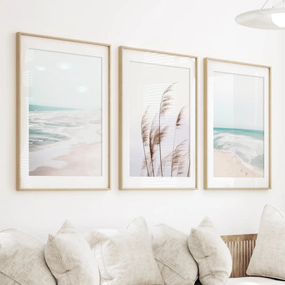 Coastal Boho Wall Art Set, Pampas Grass and Ocean Waves