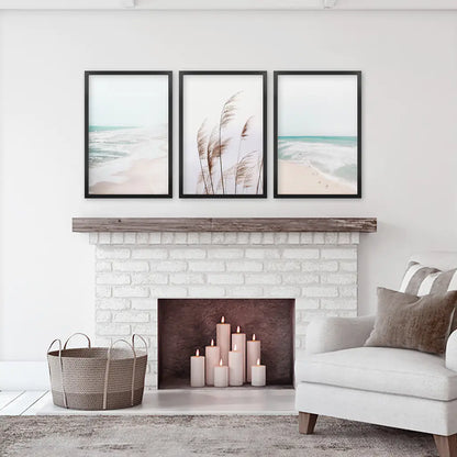 Coastal Boho Wall Art Set, Pampas Grass and Ocean Waves