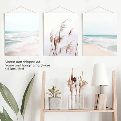 Coastal Boho Wall Art Set, Pampas Grass and Ocean Waves