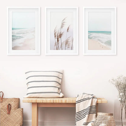 Coastal Boho Wall Art Set, Pampas Grass and Ocean Waves
