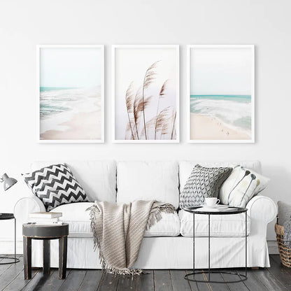 Coastal Boho Wall Art Set, Pampas Grass and Ocean Waves