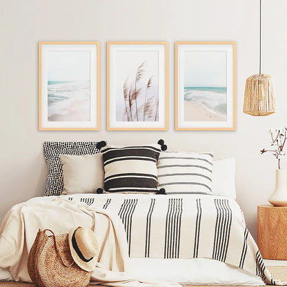 Coastal Boho Wall Art Set, Pampas Grass and Ocean Waves