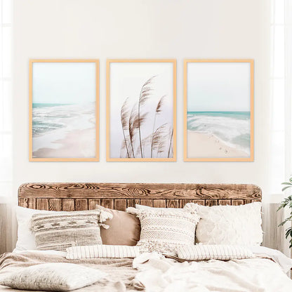 Coastal Boho Wall Art Set, Pampas Grass and Ocean Waves