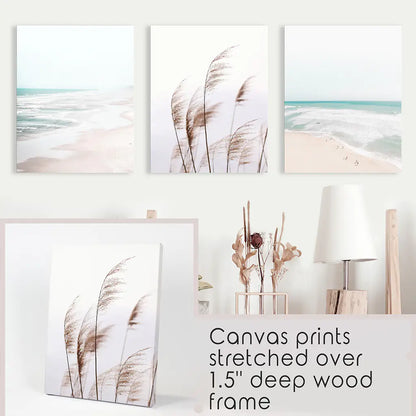 Coastal Boho Wall Art Set, Pampas Grass and Ocean Waves