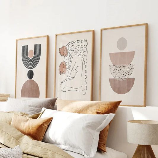 Boho abstract woman wall art set of 3 in neutral tones
