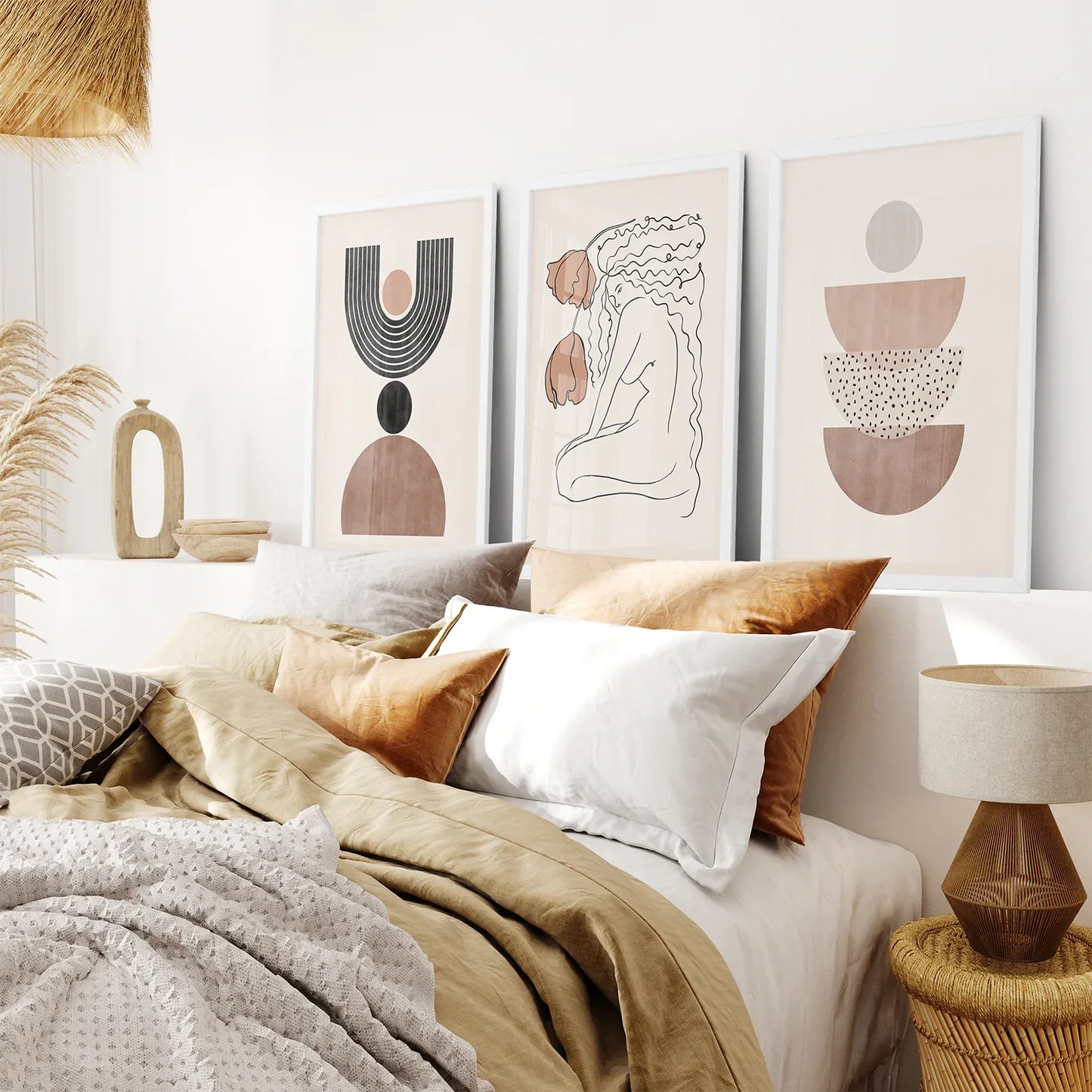 Boho Abstract Woman Wall Art Set of 3, Neutral Tones