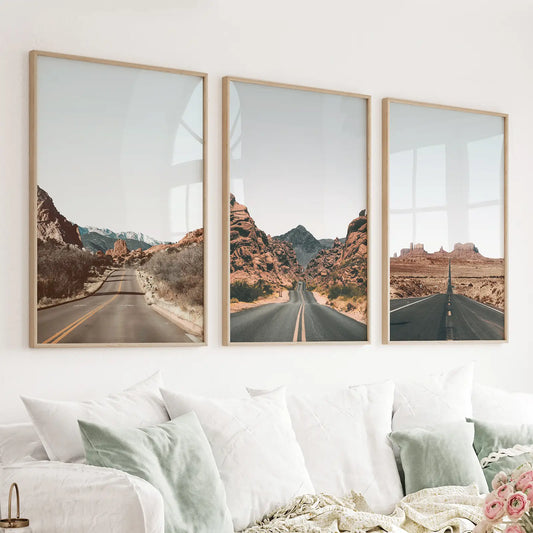 Set of 3 Southwest desert travel wall art prints of Utah Nevada Colorado roads