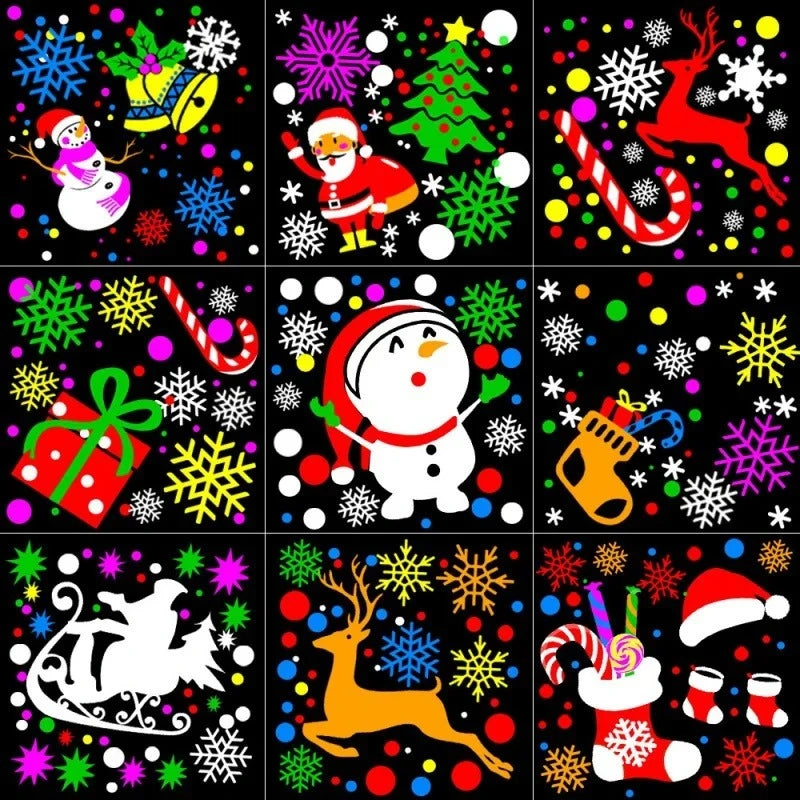 Nine square panels with Christmas-themed illustrations on a black background.