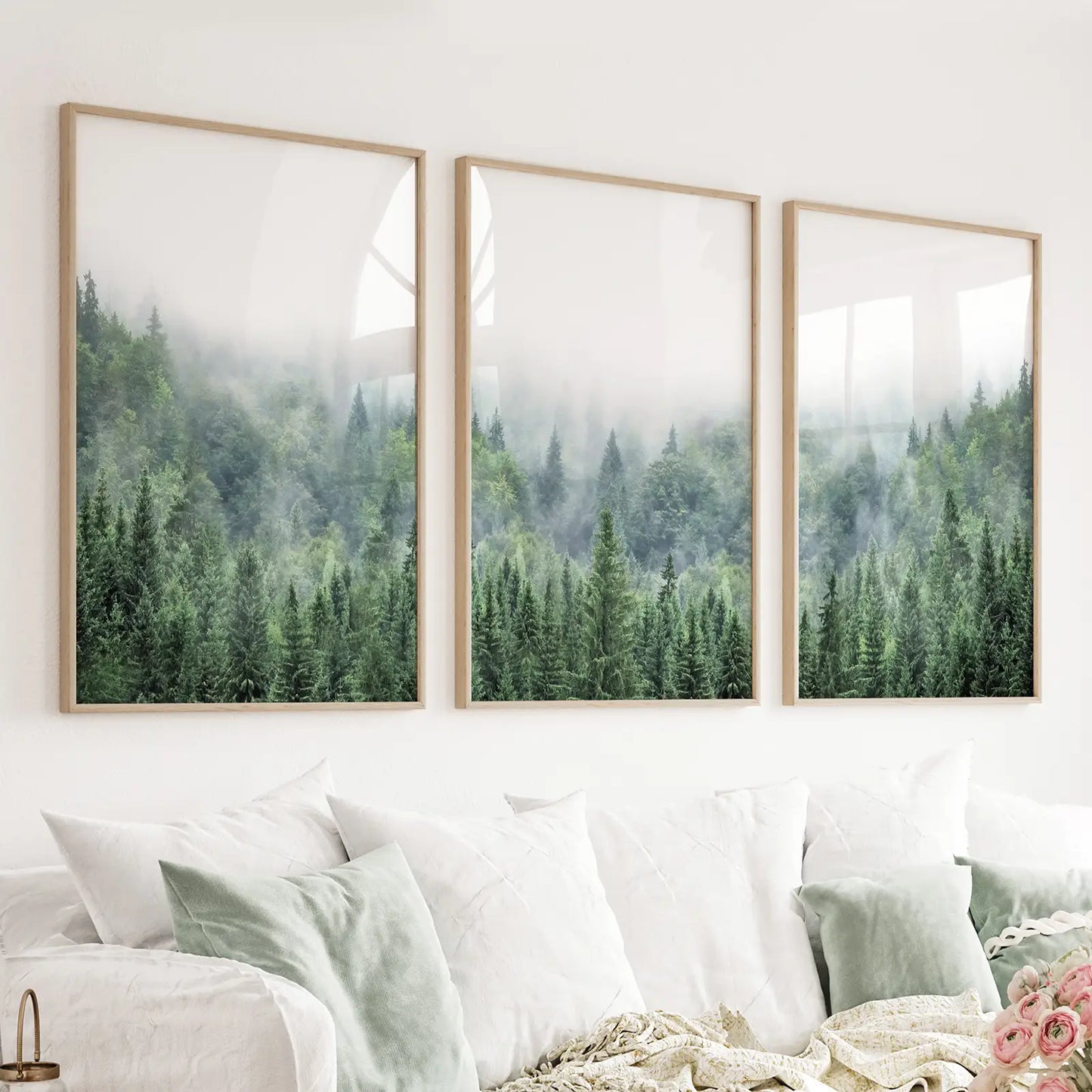 Set of 3 green foggy forest nature wall art prints