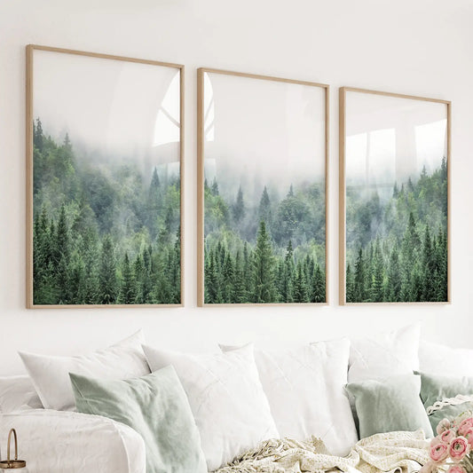 Set of 3 green foggy forest nature wall art prints