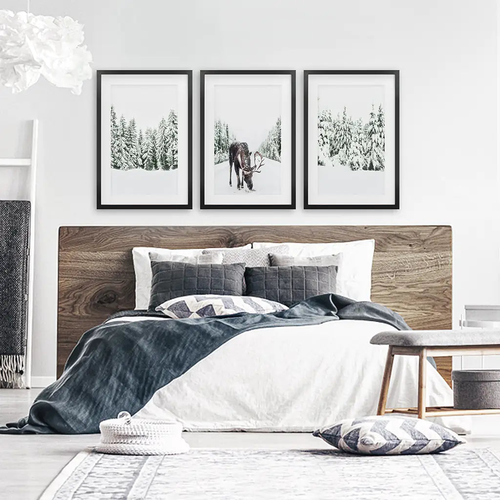 Winter Moose Wall Art Set of 3 Snowy Forest Prints