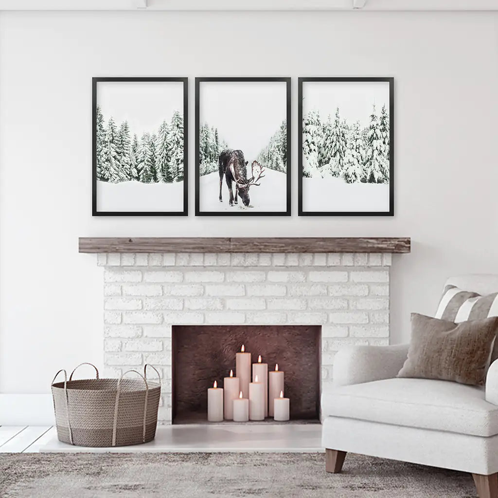 Winter Moose Wall Art Set of 3 Snowy Forest Prints