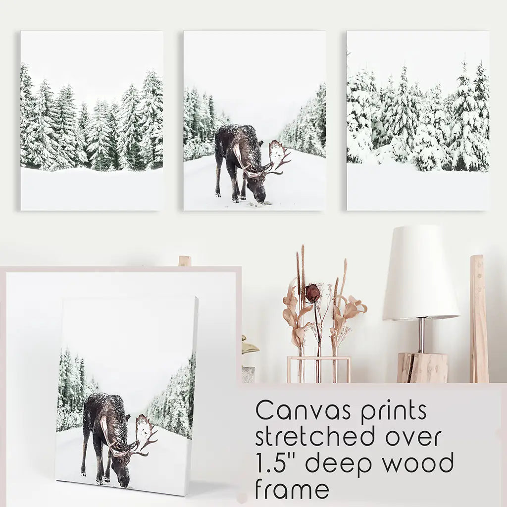 Winter Moose Wall Art Set of 3 Snowy Forest Prints