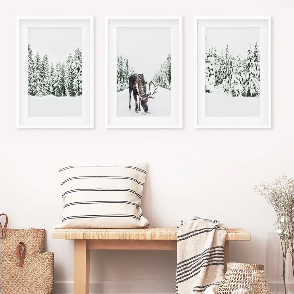 Winter Moose Wall Art Set of 3 Snowy Forest Prints