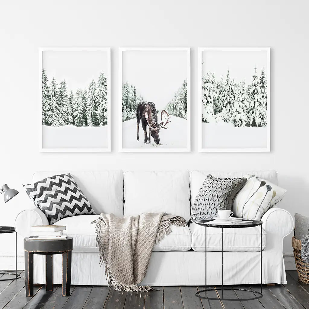 Winter Moose Wall Art Set of 3 Snowy Forest Prints