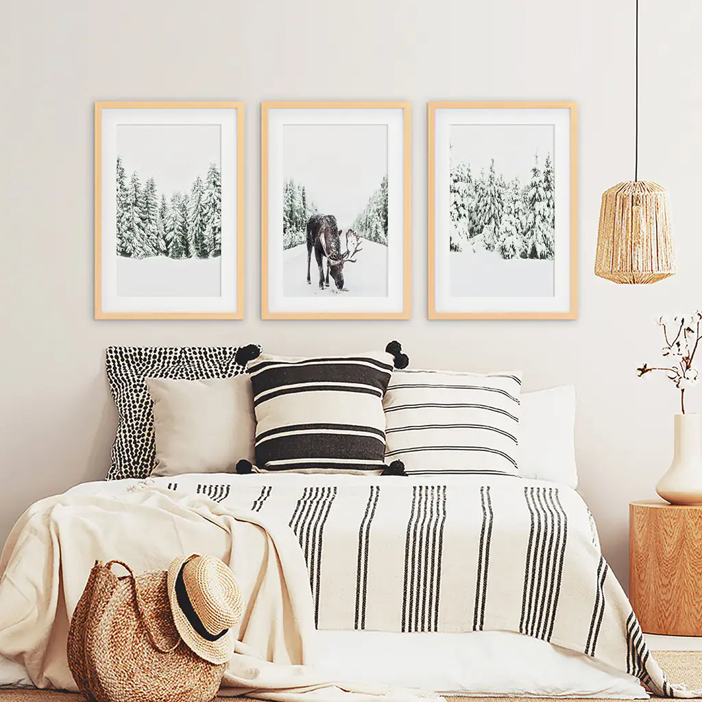 Winter Moose Wall Art Set of 3 Snowy Forest Prints