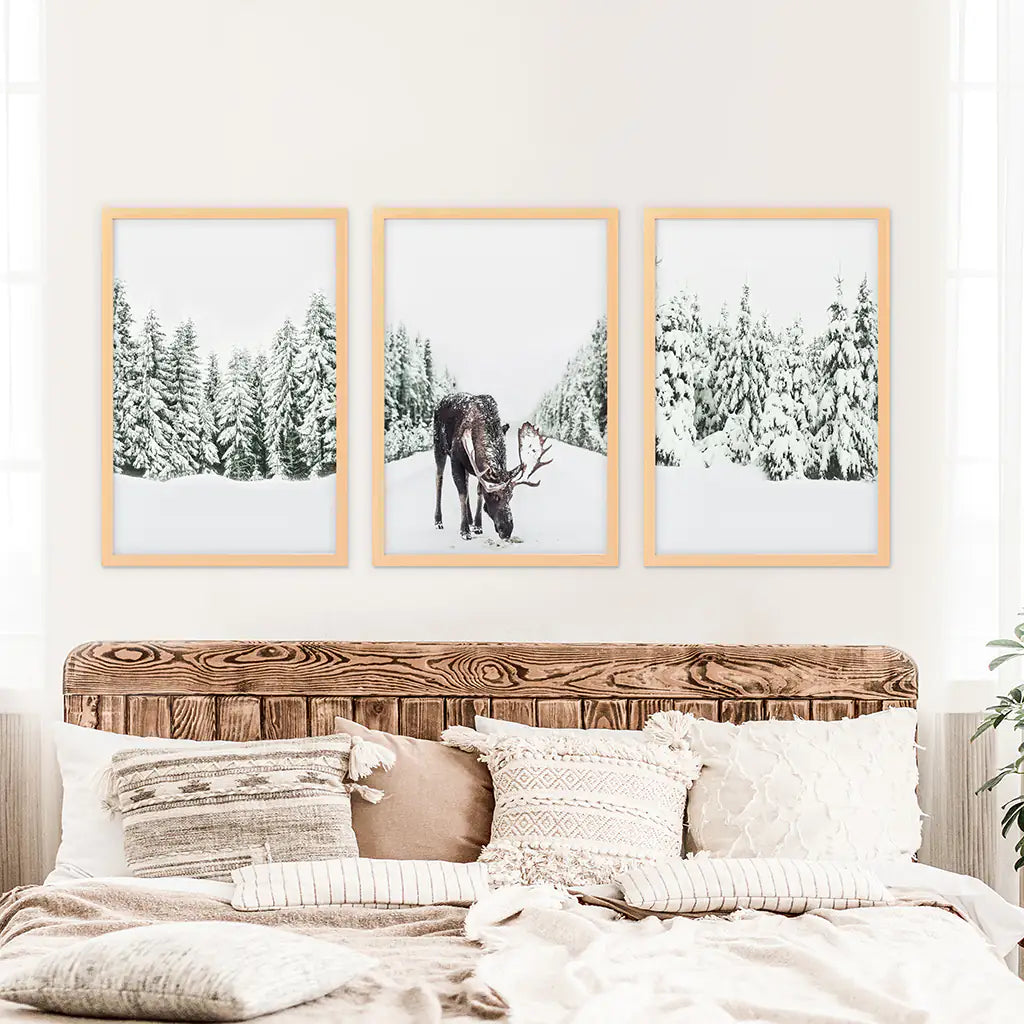Winter Moose Wall Art Set of 3 Snowy Forest Prints