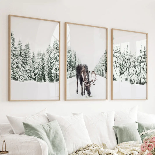 Set of 3 winter snowy forest wall art prints with a moose