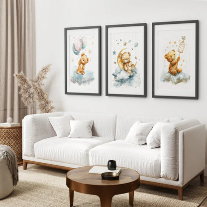 Teddy Bear Balloon Wall Art Set of 3 Nursery Prints