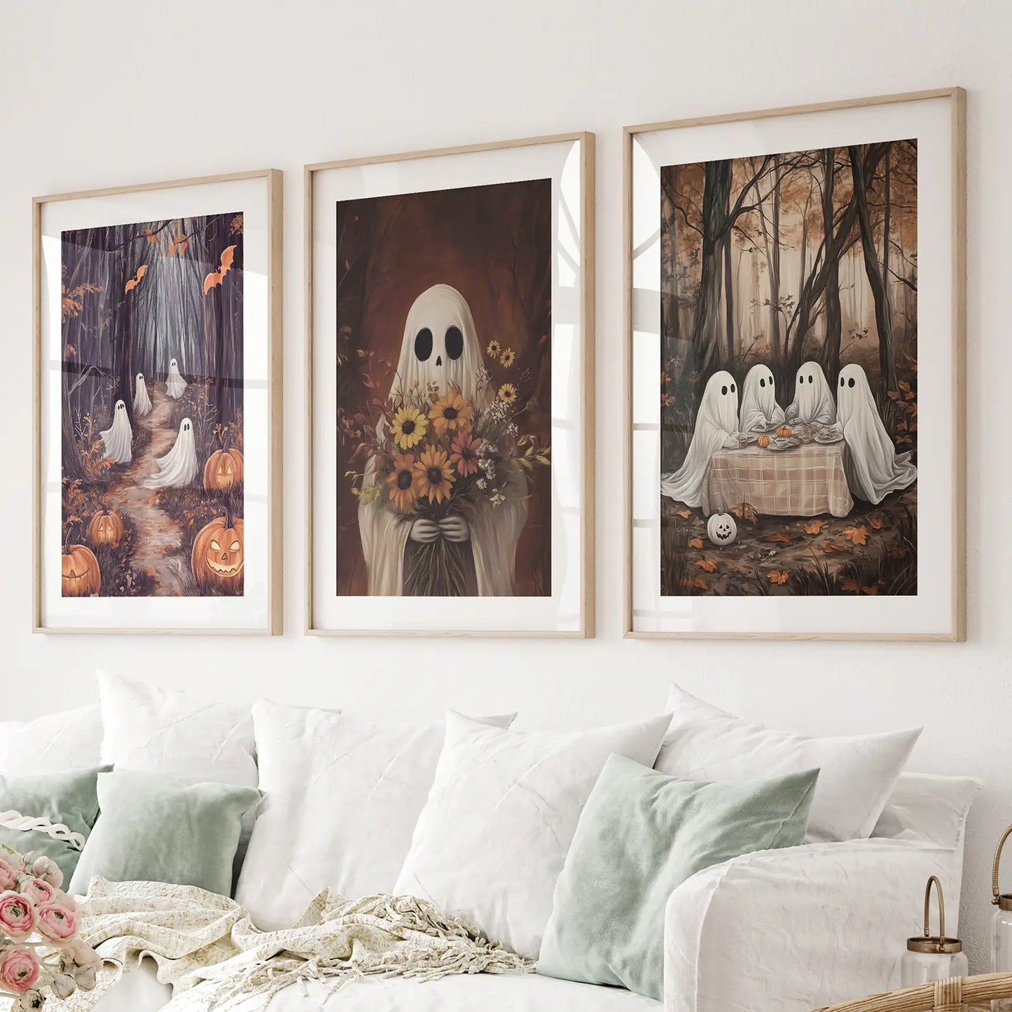 Charming spooky ghosts fall wall art set of 3 prints