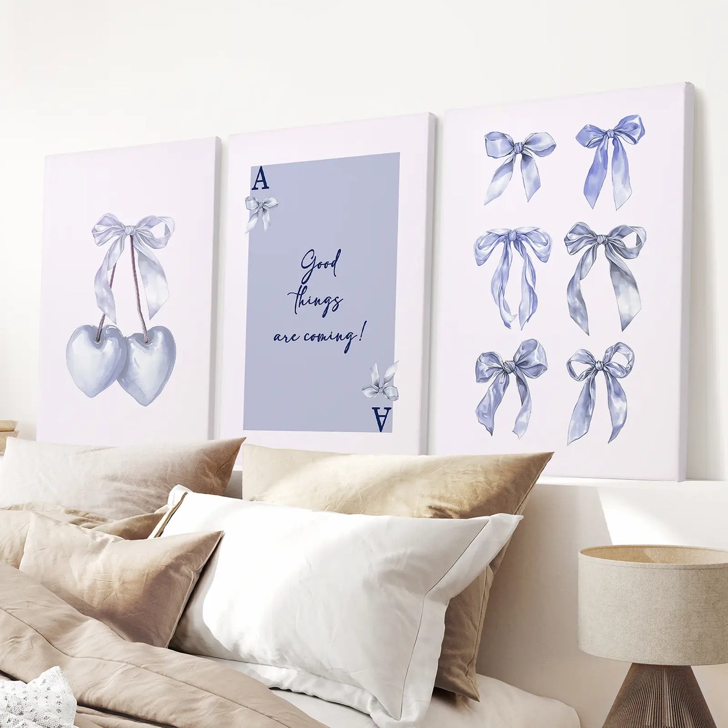 Blue Bows Preppy Girly Wall Art Set of 3 Prints