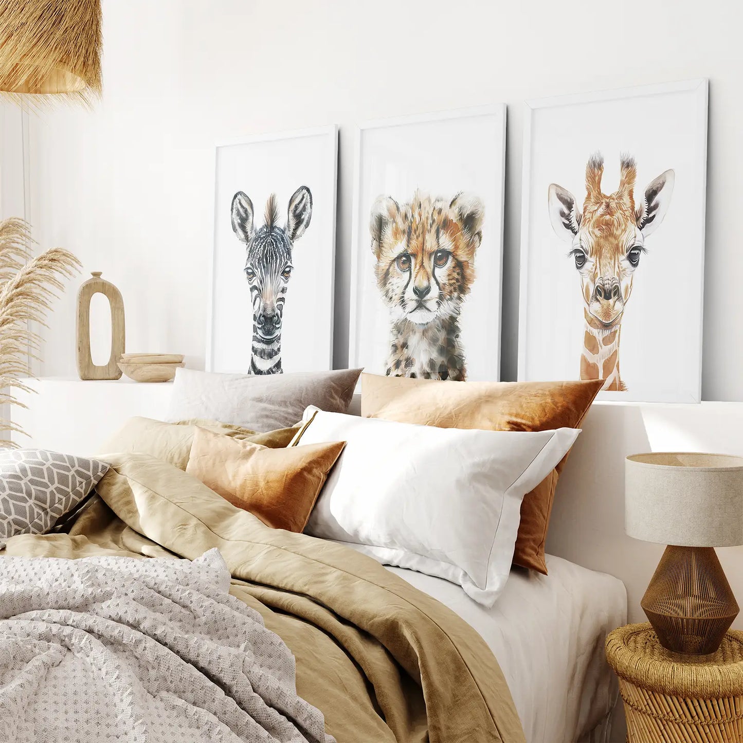 Neutral Safari Nursery Wall Art Set of 3 - Zebra, Cheetah, Giraffe