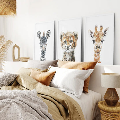Neutral Safari Nursery Wall Art Set of 3 - Zebra, Cheetah, Giraffe