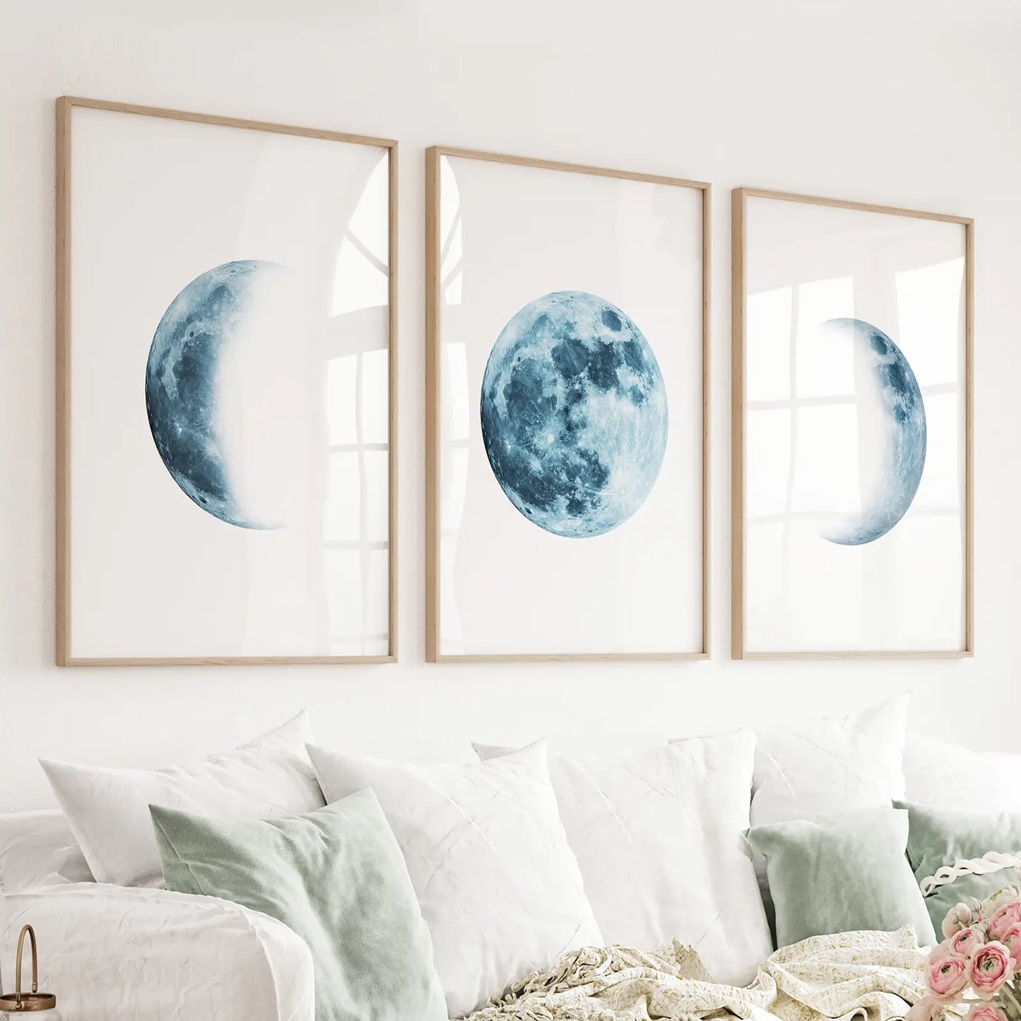 Indigo blue lunar moon phases 3 piece nursery wall art set