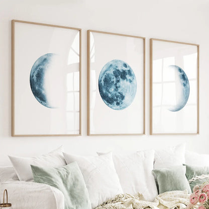 Indigo blue lunar moon phases 3 piece nursery wall art set