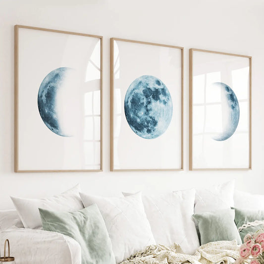 Indigo blue lunar moon phases 3 piece nursery wall art set