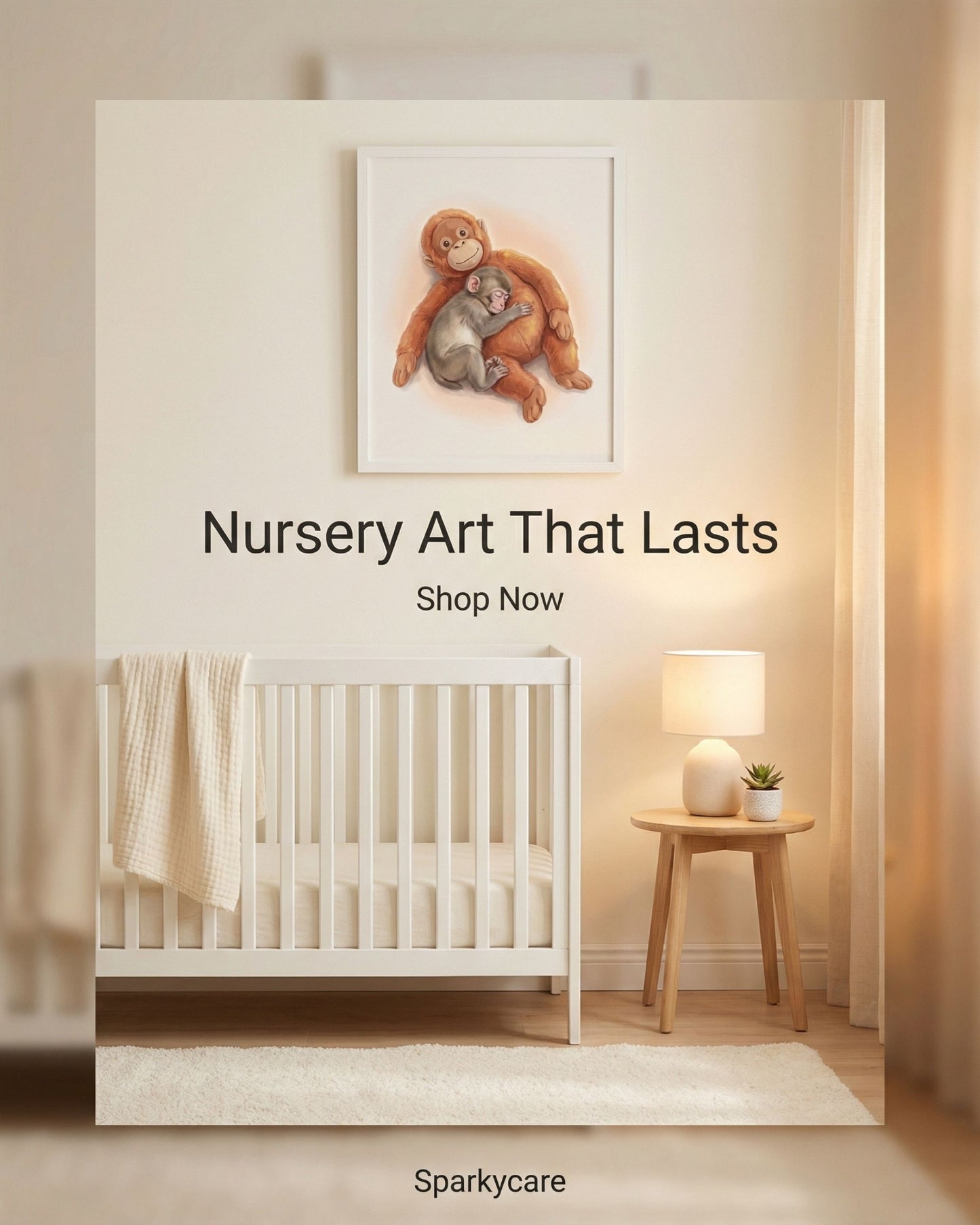Nursery with a crib, lamp, and wall art featuring a bear holding a baby, with text promoting nursery art.