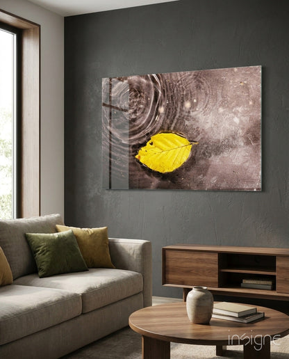 Autumn leaf on water glass wall art