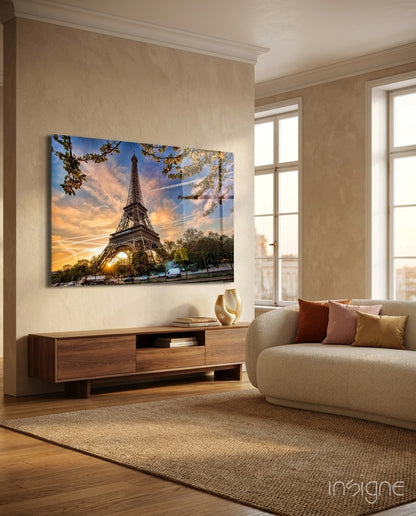 Eiffel Tower Sunset glass wall art with Paris landmark scene