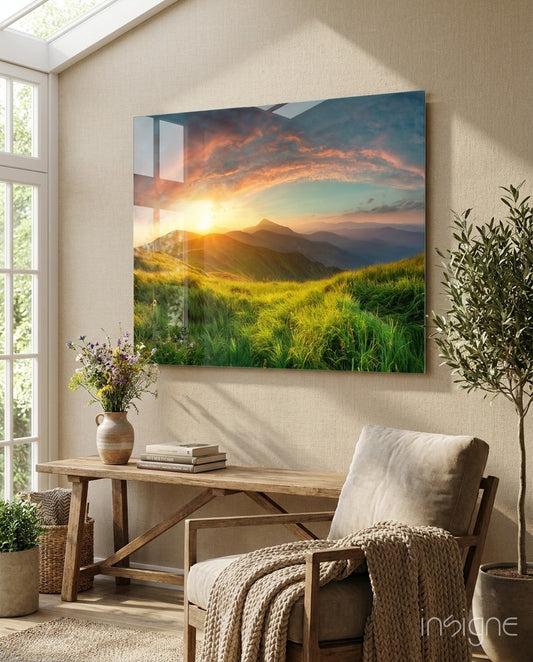 Valley sunset landscape tempered glass wall art on a wall